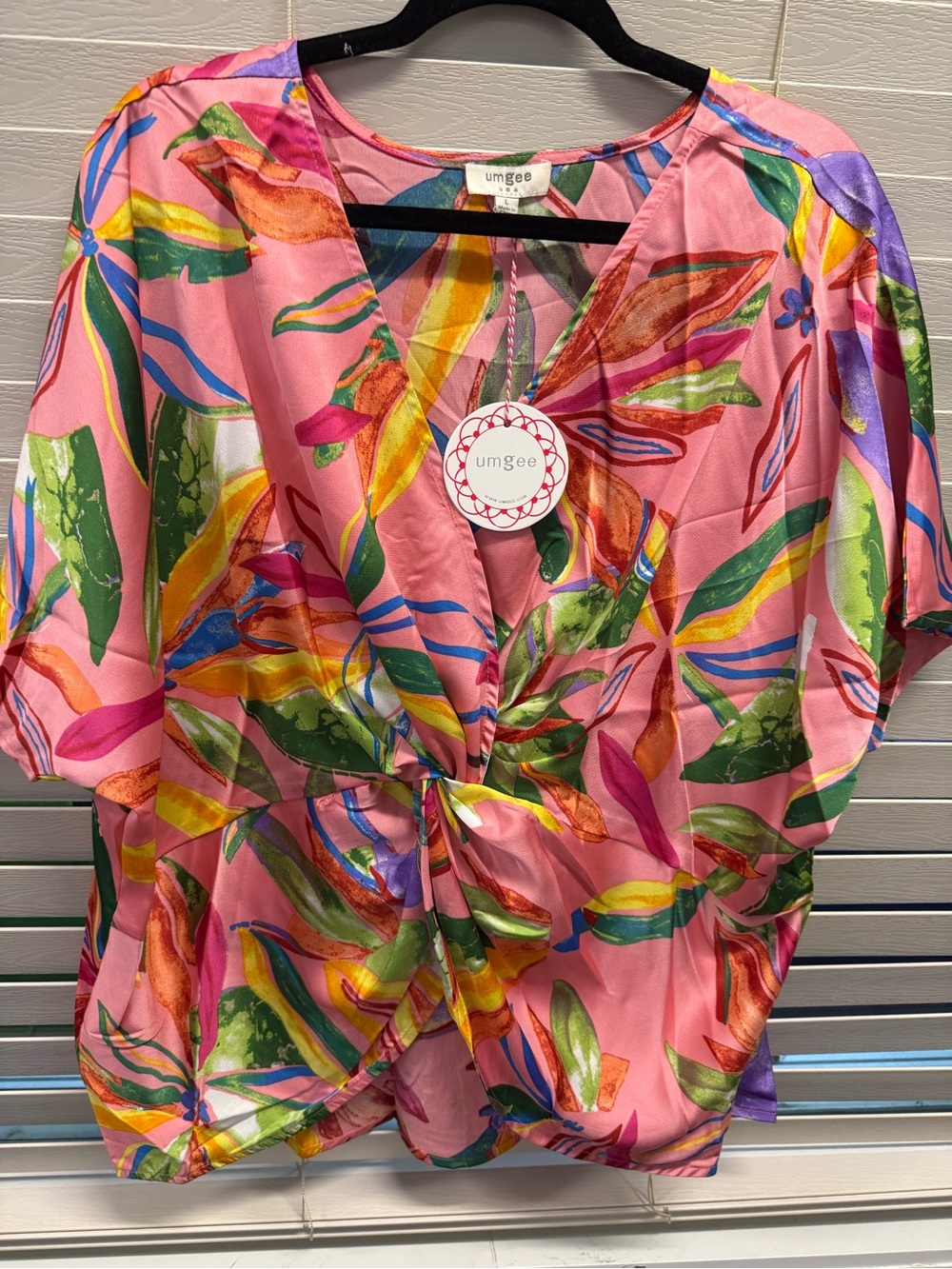 Umgee Pink Tropical Knot-Front Blouse